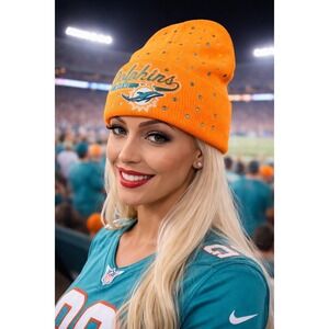 Miami Dolphins‎ Orange Custom Rhinestone Cuffed Beanie Knit Hat Embroidered Logo